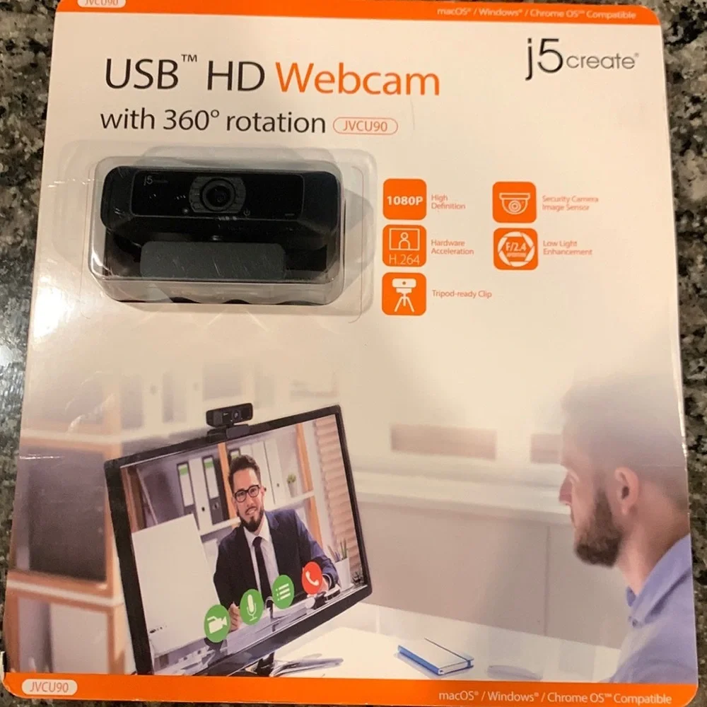 J5create JVCU90 USB HD Webcam W/ 360 Rotation for Mac OS Windows Chrome OS